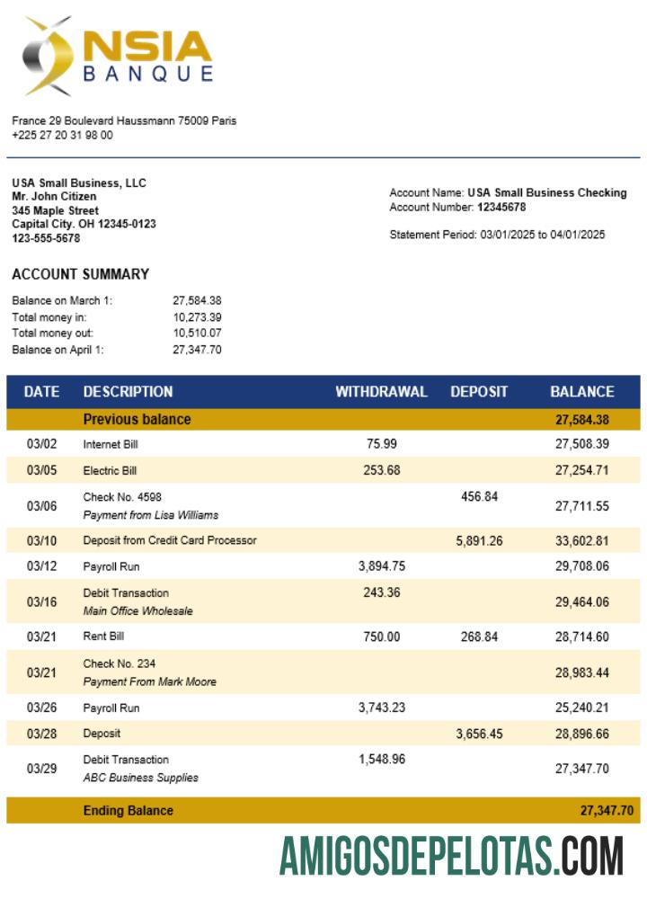 NSIA Banque Business Extrato bancário em formato Word e PDF